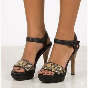 Anthropologie Lola Cruz Platform Embellished Black Sandals Boho Glam Size 6